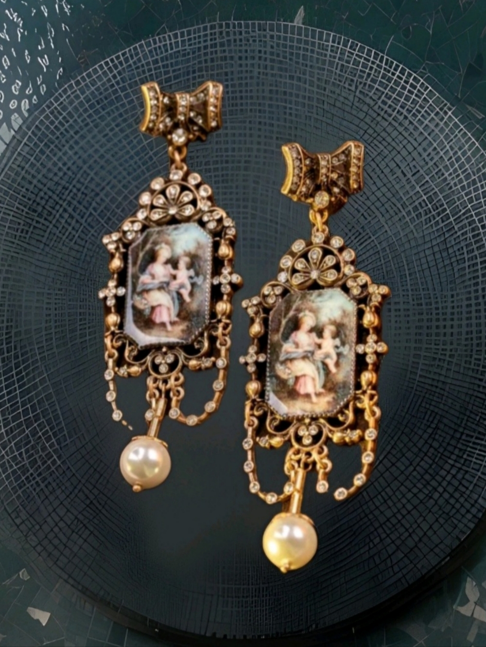 Vintage Estate Baroque Palace Crystal Pearl Oil Painting Gold Drop Earrings